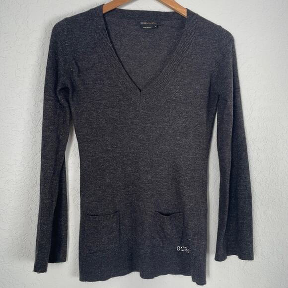 BCBGMaxAzria Gray Angora Wool Y2K Sweater Long Sleeve Beaded Logo Cozy - Picture 1 of 7